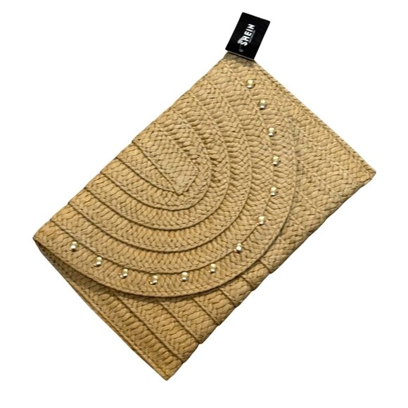 Shein Beachy Envelope Clutch Woven Straw Purse Vcay Studded Boho Beach Cruise - Picture 1 of 10